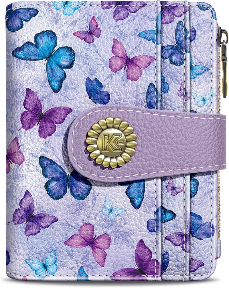 Kelvoris Small Rfid Butterfly Women Wallet Bifold Zipper Coin Pocket PU Leather Compact Cash Credit Card Holder Travel Wallet for Female Ladies Teen Girls 1 ID Window 10 Card Slots - Image 1